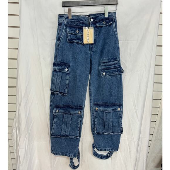 NWT GRLFRND The Lara Low Rise Wide Leg Denim Cargo Jeans Blue Women's size 25 - Picture 2 of 6